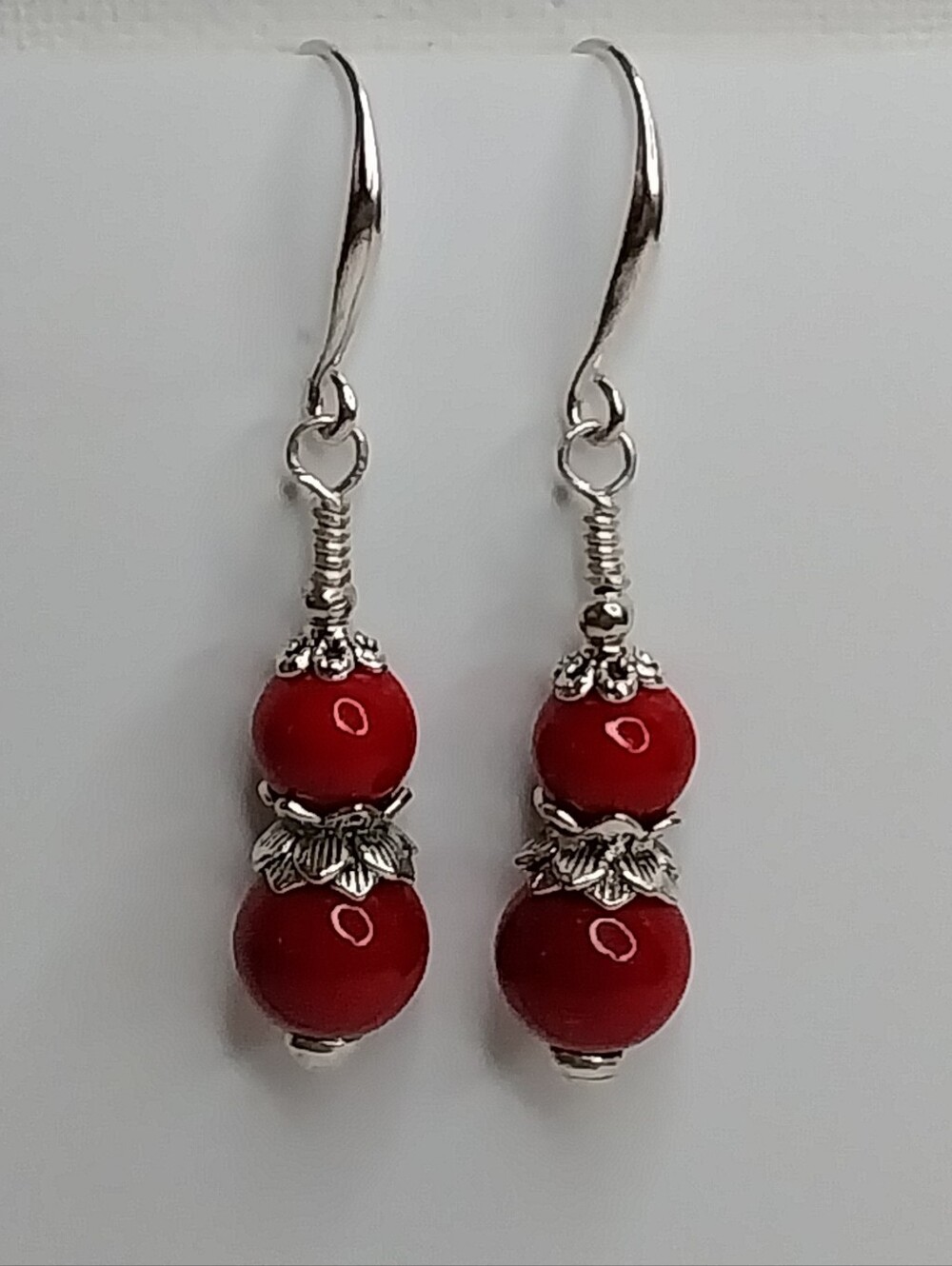 Coral Red Beaded Dangle Drop Earrings Sterling Silver Plated French Hooks Boho